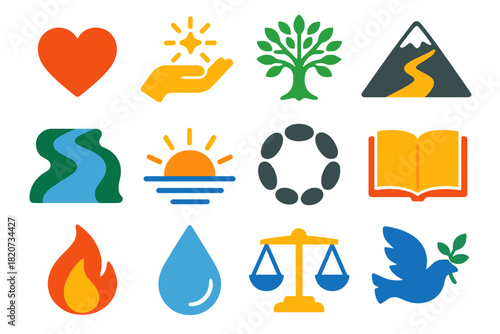 Healing Journey Icons. Flat vector icons of Healing Journey: heart symbol, hand with light, tree of life, mountain path, river