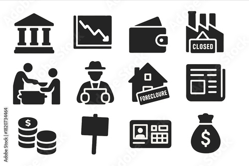Great Depression Icons. Solid style icons of the Great Depression: bank building, falling stock chart, empty wallet, factory