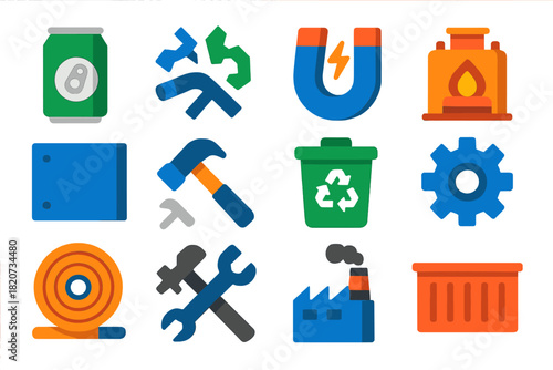 Recycled Metal Icons. Flat vector icons of Recycled Metals: Aluminum Can, Scrap Metal, Magnet, Furnace, Sheet Metal, Hammer,