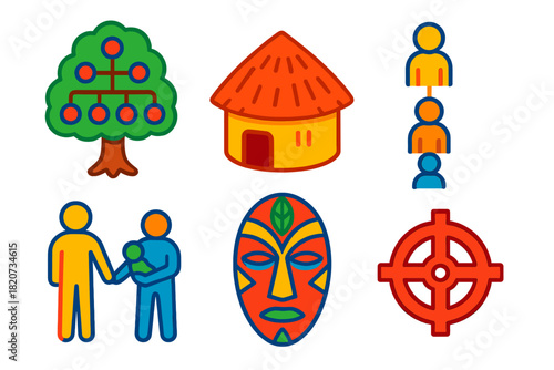 Kinship Structures Illustration. Isometric vector illustration set Kinship Structures: family tree diagram, tribal hut,