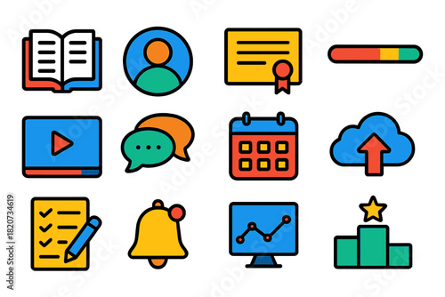 E-learning Platform Icons. Flat vector icons of e-learning platforms: course catalog, user profile, certificate, progress bar,