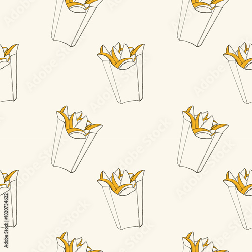 Stylized french fries in box pattern, contour drawing on light background. Junk food, fried potatoes, fast food, packaging.