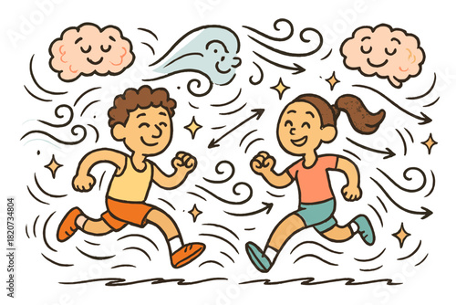 Cheerful Runners' Flow State. Cute doodle flow state scene with cheerful runners, cartoon wind and motion lines swirling, smiling