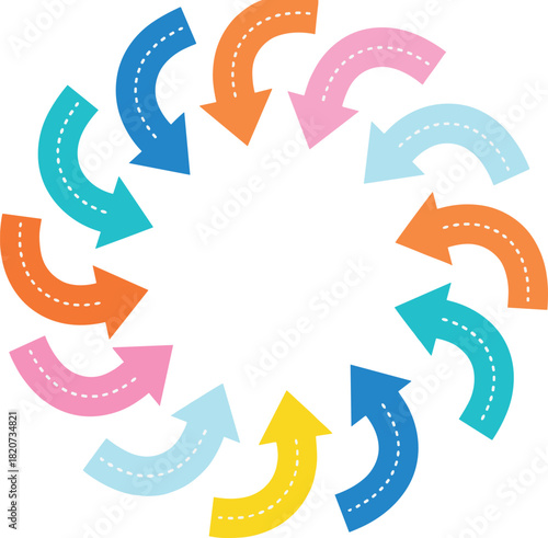 Circular arrow cycle, colorful process vector, clockwise motion design, infographic loop graphic, dynamic flow symbol, vibrant diagram illustration, rotation concept art