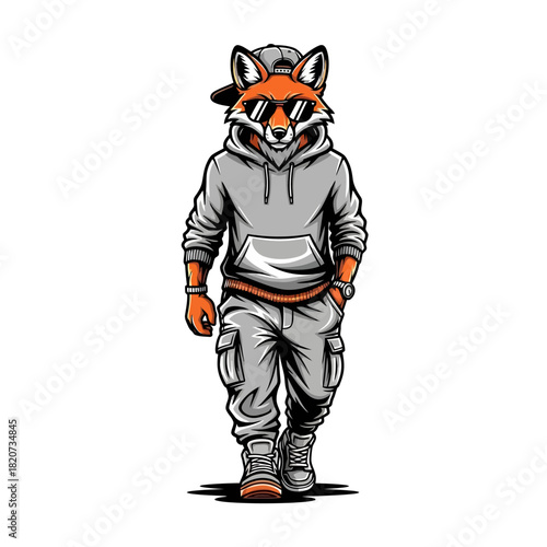 A cool anthropomorphic fox character dressed in urban streetwear, including a hoodie, sunglasses, and a cap.