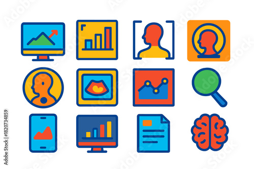 Imaging Analysis Icons. Flat vector icons of Imaging Analysis: Computer, Graph, 3D Scan, MRI Data, CT Data, Ultrasound Image,