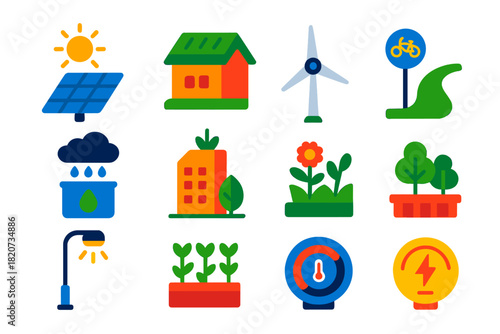 Sustainable Design Icons. Flat vector icons of Sustainable Design: Solar Panel, Green Roof, Wind Turbine, Bike Lane, Rainwater