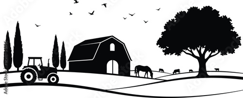 Farm silhouette vector, rural barn landscape, tractor and animals scene, countryside nature design, peaceful agriculture artwork, grazing livestock illustration