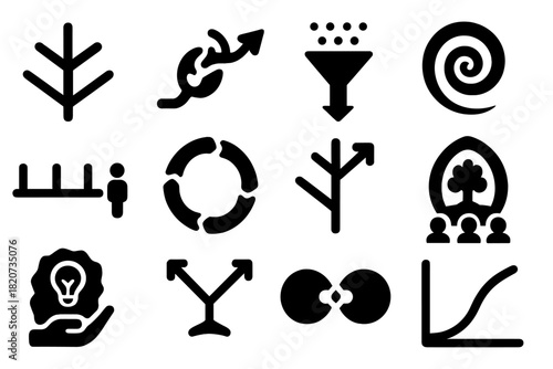 Conceptual Evolution Icons. Solid style icons of theory of conceptual evolution: branching tree of ideas, mutation arrow,