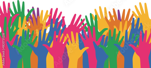 Colorful raised hands, diversity unity symbol, community support illustration, inclusive participation graphic, volunteering concept design, collective engagement artwork vector