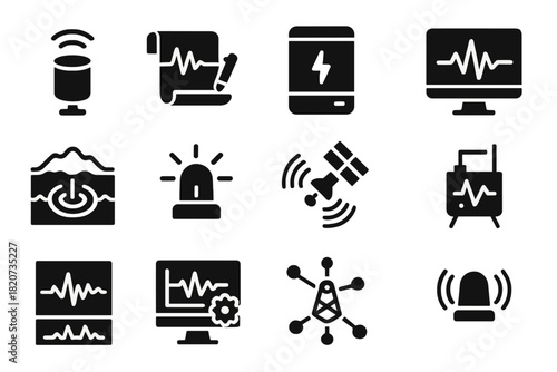 Prediction Method Icons. Solid style icons of prediction methods: early warning sensor, seismometer, data logger, computer model,