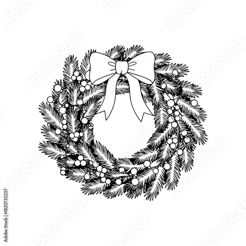 Festive Holiday Cheer Exquisite Hand-Drawn Christmas Wreath Vector Illustration with Elegant Bow for Creative Designs