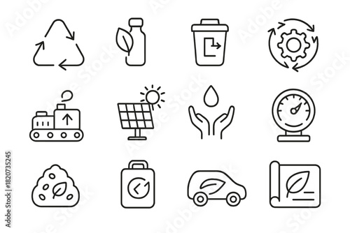 Environmental Innovation Icons. Line style icons of Environmental Innovation: Recycle Symbol, Sustainable Product, Waste