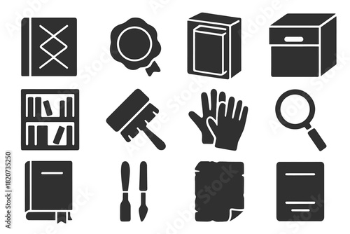 Book Preservation Elements. Solid style icons of book preservation: leather binding, wax seal, protective case, archival box,