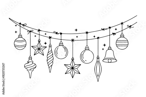 Festive Holiday Ornaments Hanging In A Line Christmas Decorations with Star, Bell, and Bauble Outlines; Simple Festive Design