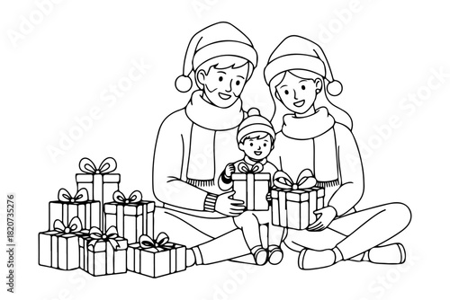 A beautiful black and white line art illustration of a loving family celebrating Christmas. Parents and a baby sit together surrounded by many wrapped presents