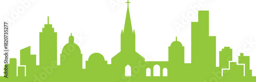 Green city skyline, urban silhouette vector, architectural landmark design, eco-friendly buildings, tourism graphic, modern cityscape, clean background, environmental theme
