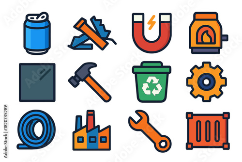 Recycled Metal Icons. Flat vector icons of Recycled Metals: Aluminum Can, Scrap Metal, Magnet, Furnace, Sheet Metal, Hammer,