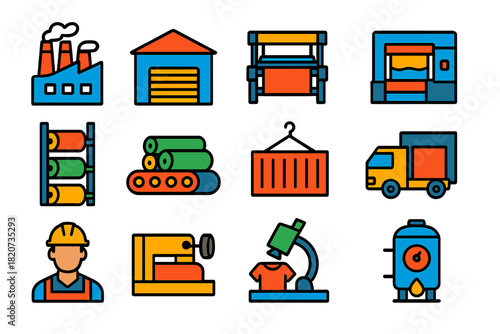 Textile Industry Icons. Flat vector icons of Textile Industry Infrastructure: Factory, Warehouse, Loom Hall, Dyeing Unit, Storage