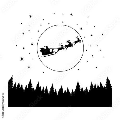 Silhouette of Santa Claus and his reindeer flying in a sleigh across the full moon over a winter pine forest on a starry Christmas Eve night