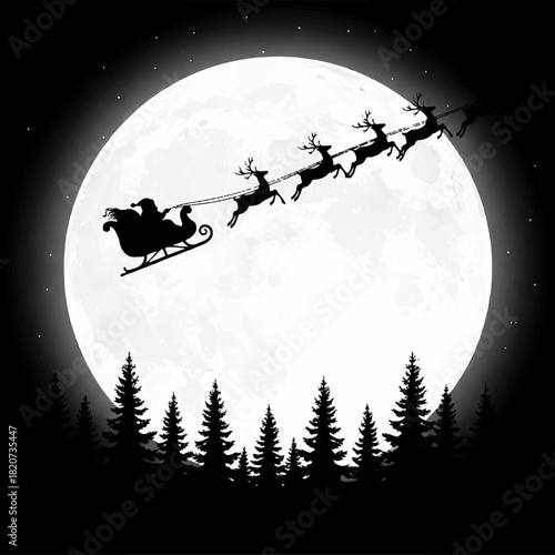 Santa's Magical Christmas Eve Flight over Snowy Pines Under Moonlight