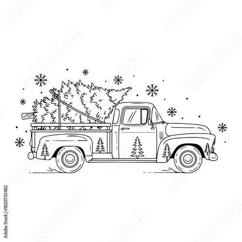 Retro pickup truck filled with a Christmas tree, ready for holiday delivery, festive winter scene with snowflakes