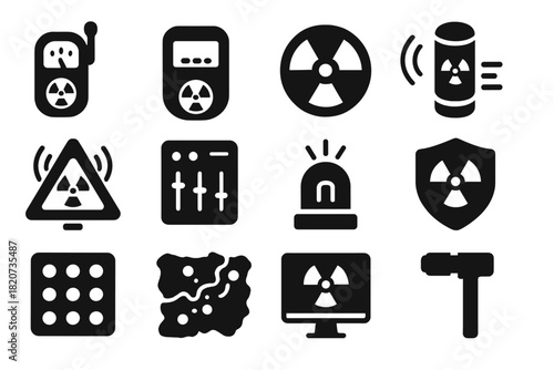 Radiation Monitoring Icons. Solid style icons of radiation monitoring: Geiger counter, dosimeter, radiation sign, sensor, alert