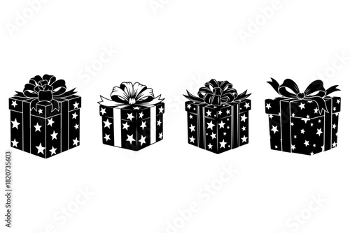 Black and White Vector Gift Box Set with Star Pattern, Perfect for Festive Holiday Season Designs
