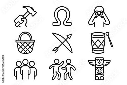 Cultural Icons and Tools. Line style icons of Human Practices: Hand Tool, Language Symbol, Observed Action, Cultural Ceremony;