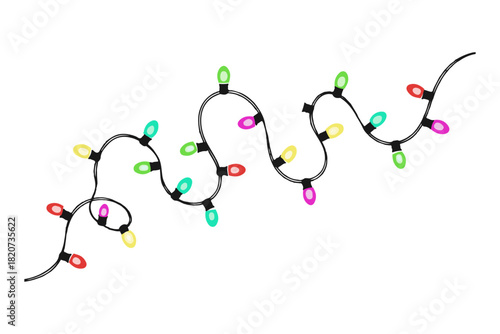 Colorful String of Christmas Lights - Festive Holiday Decor with Red, Green, Yellow, and Blue Bulbs, Isolated on White