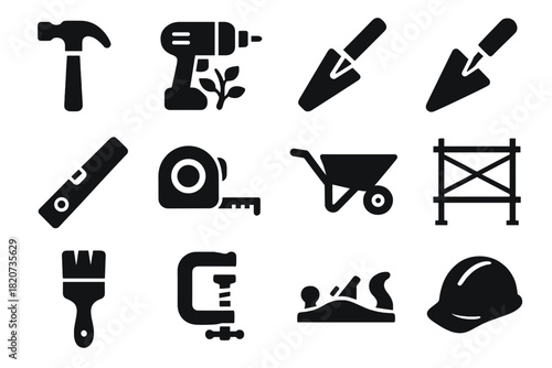 Sustainable Construction Tools. Solid style icons of sustainable construction tools: hammer, drill, saw, trowel, level, measuring