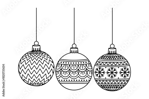 Three Line Art Christmas Ornaments with Intricate Patterns Hanging on Strings, Isolated on White Background, Festive Holiday Decoration