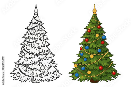 Charming Christmas Tree Illustrations Featuring a Fully Decorated Festive Evergreen and a Ready-to-Color Line Art Version for Holiday Creativity and Seasonal Cheer