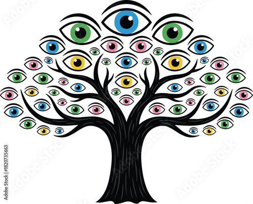 Eye tree silhouette, surreal nature vector, awareness concept design, colorful leaf illustration, perception symbol, artistic graphic, visual theme artwork