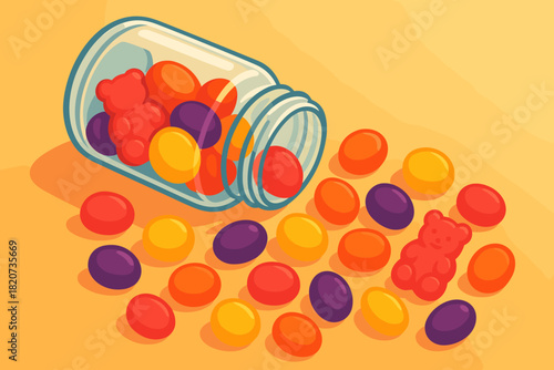 Colorful Gummy Vitamins. Vibrant gummy vitamins spilling out of a glass jar, bright and colorful tones, soft lighting, vector