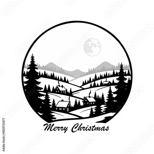 Winter Holiday Landscape Merry Christmas Scene with Snow-Covered Houses and Evergreen Trees in a Circular Frame