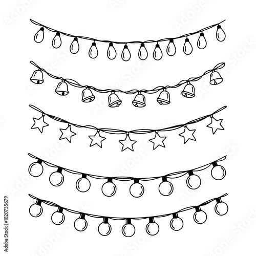 A collection of hand-drawn festive garlands with lights, stars, and bells. Sketchy doodle-style string light illustrations for holiday decoration