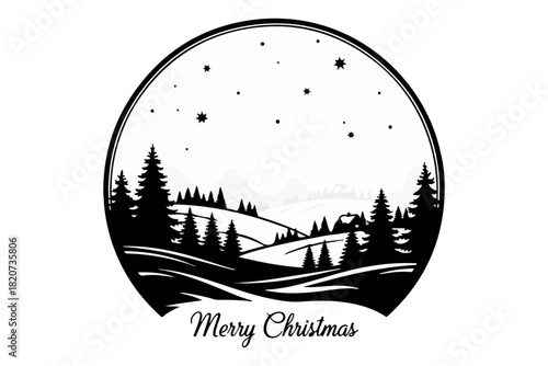 Black and white Christmas landscape illustration featuring pine trees, hills, and a starry night within a circular frame, with "Merry Christmas" text