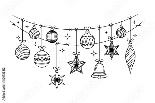 Set of decorative Christmas baubles, stars, and bell ornaments hanging on a festive garland. A minimalist black and white hand-drawn vector sketch for holiday design