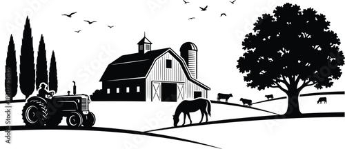 Farm silhouette vector, rural barn landscape, tractor and animals design, countryside nature artwork, peaceful agriculture scene, grazing livestock illustration