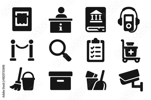 Museum Tools Icons. Solid style icons of museum tools: ticket scanner, information desk, guidebook, audio guide, map, barrier rope