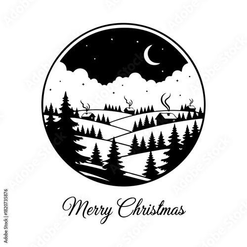 Whimsical Winter Wonderland Merry Christmas illustration a serene snowy landscape under a starry night sky, perfect for holiday greetings and festive designs