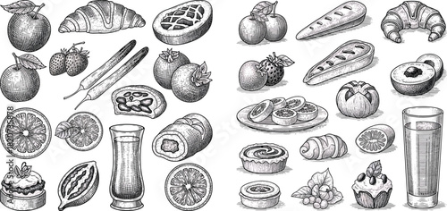 Engraved Food Illustration Vector Set Featuring Detailed Fruits Pastries Vegetables And Drinks In Vintage Monochrome Style