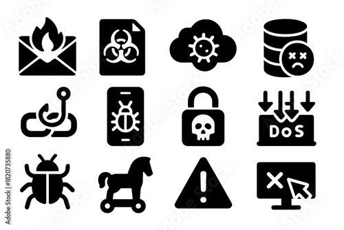 Digital Threat Icons. Solid style icons of digital threats: spam email, infected file, virus cloud, corrupted database, phishing