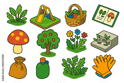 Urban Foraging Icons. Isometric vector illustration set Urban Foraging: edible herbs, city playground corner, harvest basket, ID