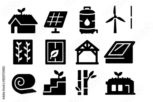 Green Architecture Icons. Solid style icons of green architecture: green roof, solar panel, rainwater tank, wind turbine, vertical