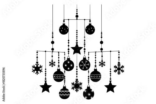 Elegant monochrome illustration of festive hanging decorations, featuring baubles, stars, and snowflakes, creating a beautiful winter holiday display for celebrations and seasonal charm