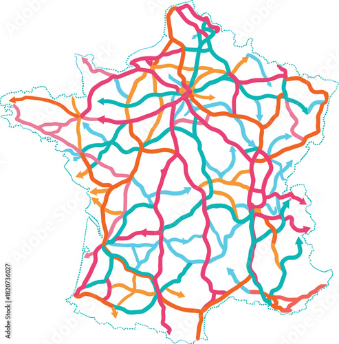France, map, arrows, transportation, abstract, colorful, network, flow, travel, logistics, infrastructure, movement, design, modern, connectivity, graphic, routes, regional, illustration, planning