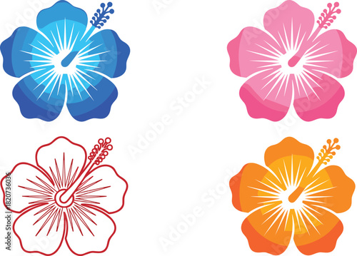 Hibiscus flower illustration, tropical bloom design, colorful petals, vibrant vector art, floral clipart, exotic nature graphic, summer theme, decorative element