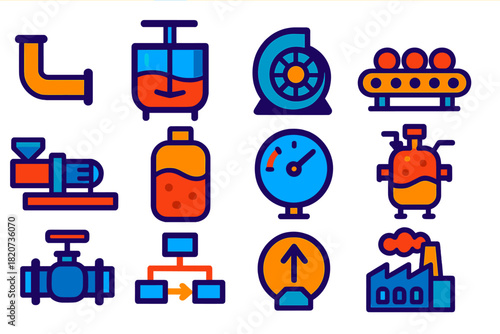 Industrial Fluid Icons. Flat vector icons of industrial applications of non-Newtonian fluids: pipeline, mixing tank, pump,